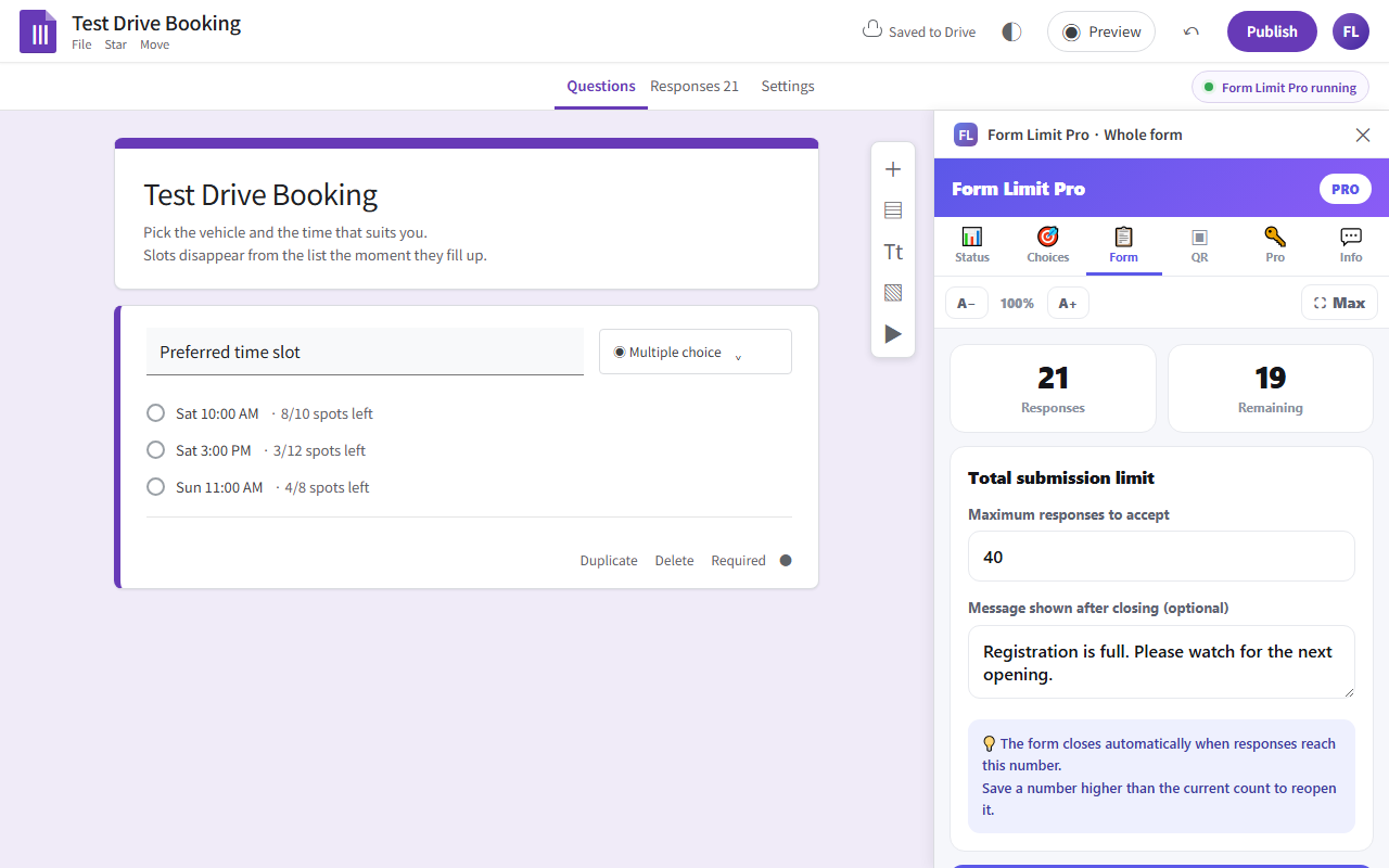 Settings sidebar showing a total submission limit of 100 with 62 responses received