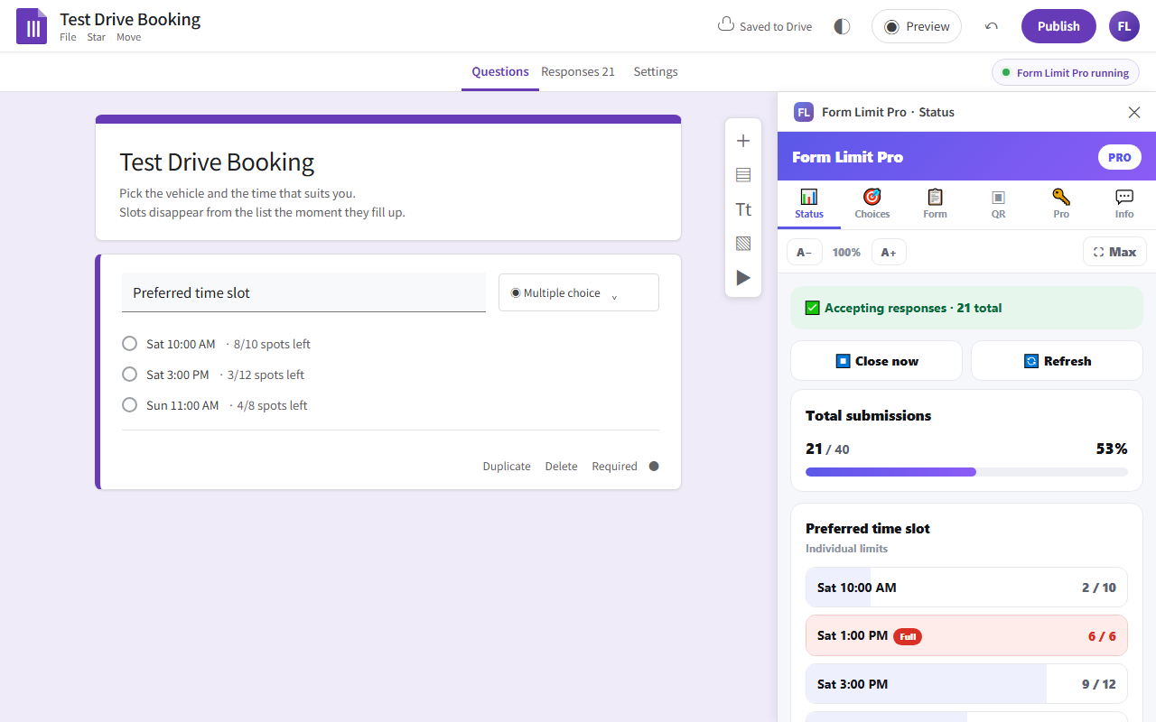 Status panel with progress bars showing how many seats remain for each option