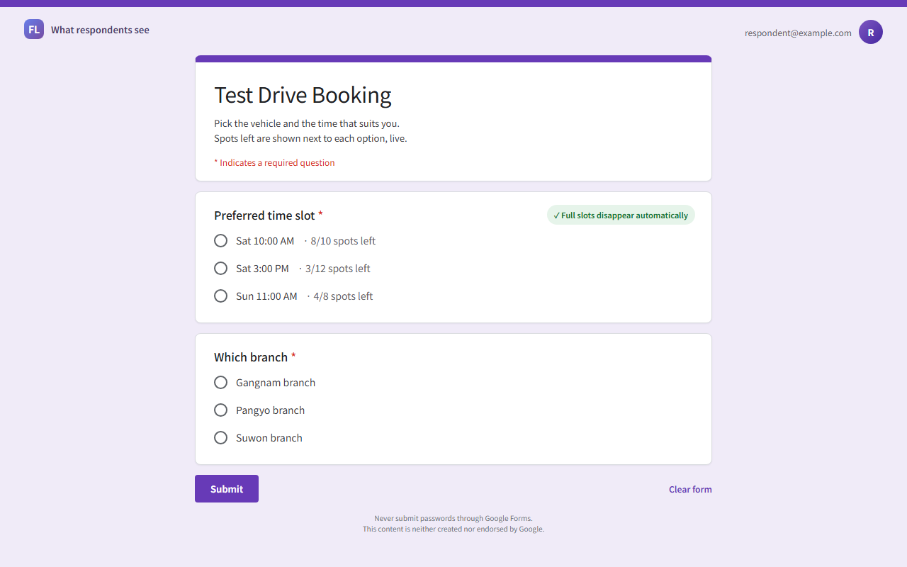 Respondent view of the form with a fully booked option no longer listed